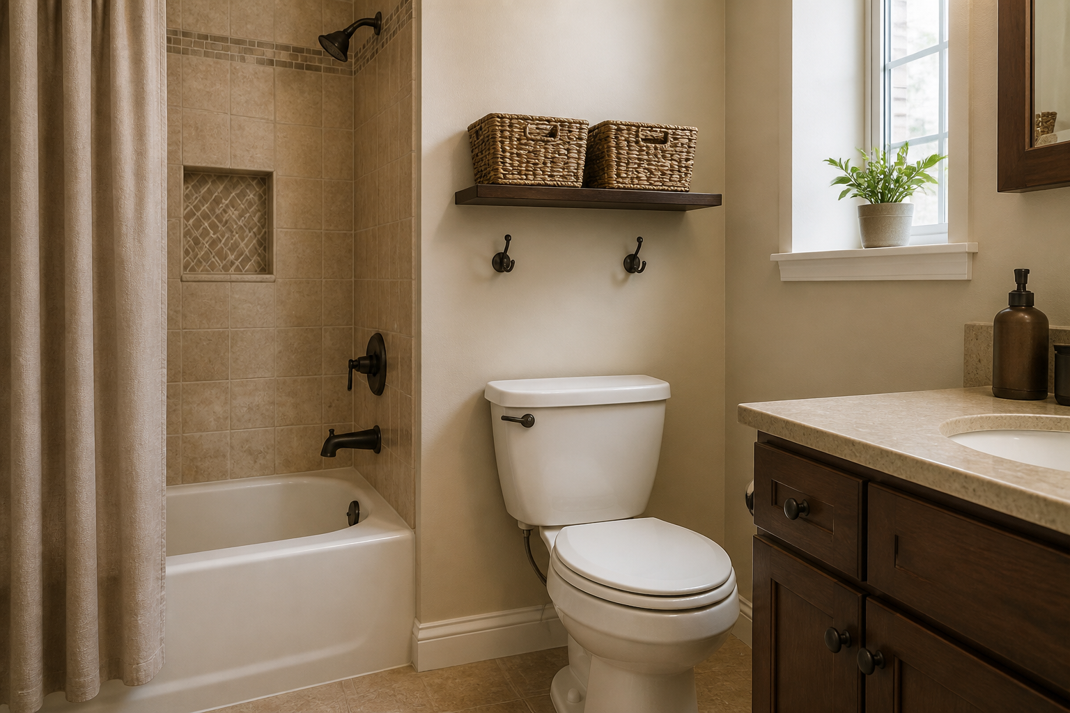 Two labeled baskets on a shelf, two hooks, closed toilet lid, small plant on a dry sill