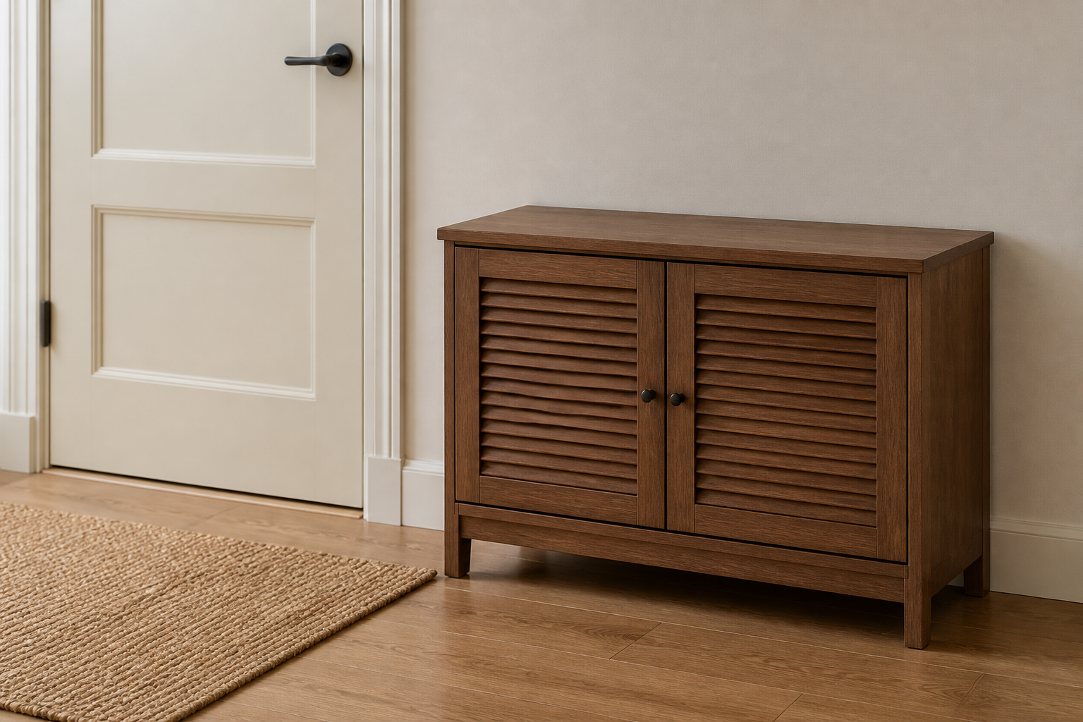 Low closed wood shoe cabinet beside a cream door with a clear walk and a jute mat