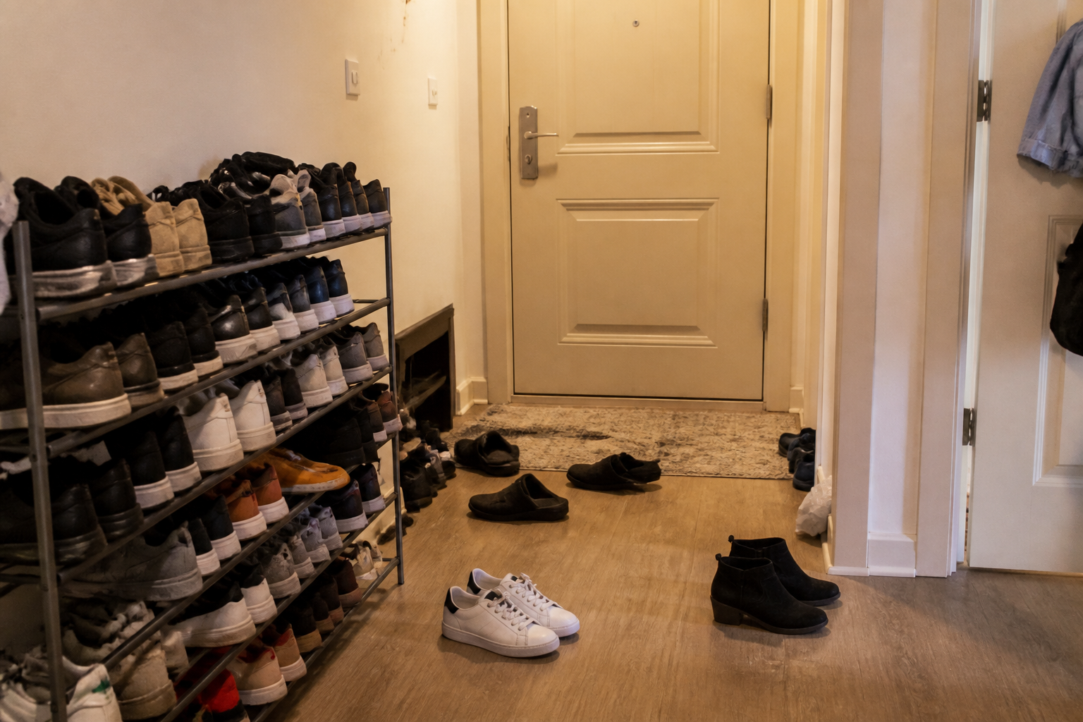 Open metal shoe rack packed with mixed shoes facing a cream front door
