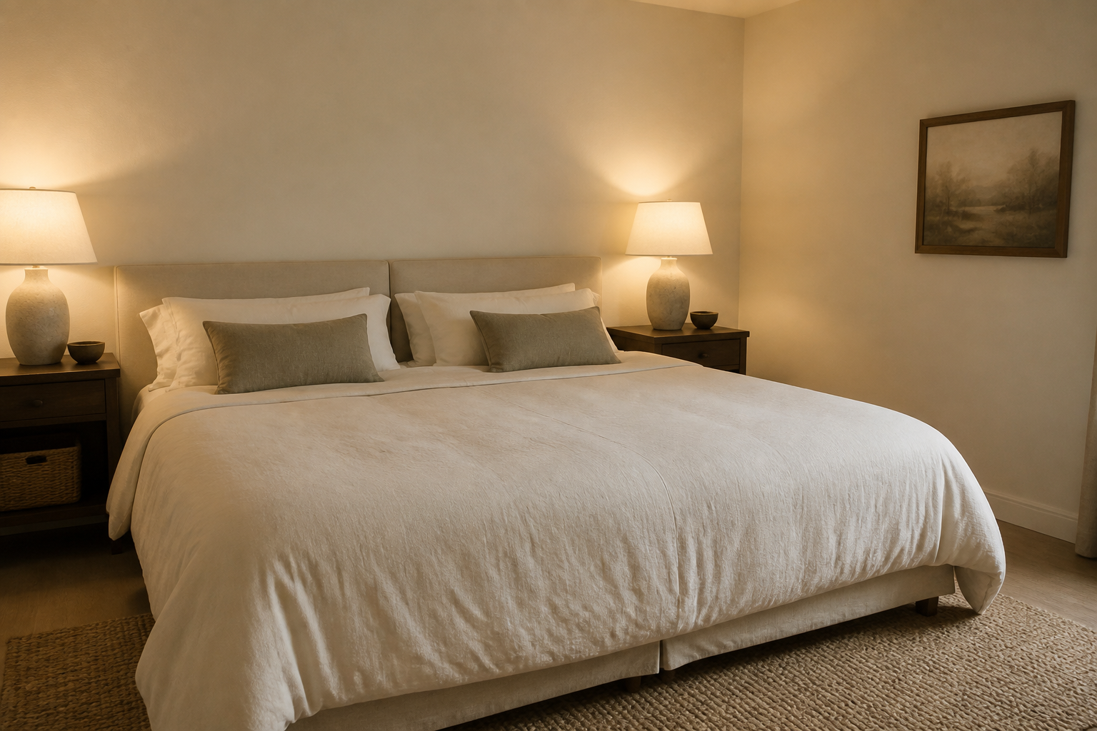 Foam bridge in the center seam under one shared linen duvet, matching lamps