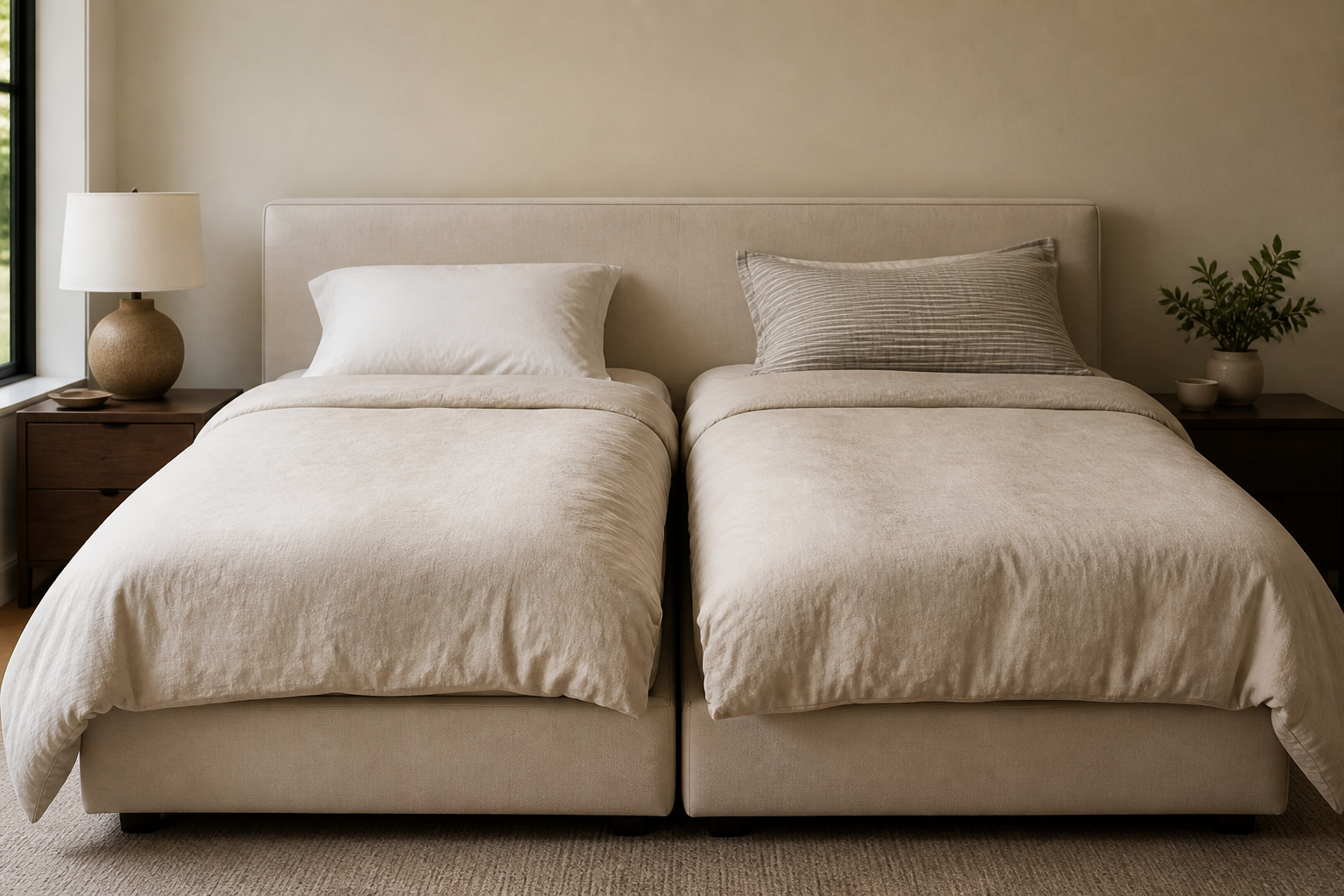 Visible gap between two mattresses with separate thin duvets