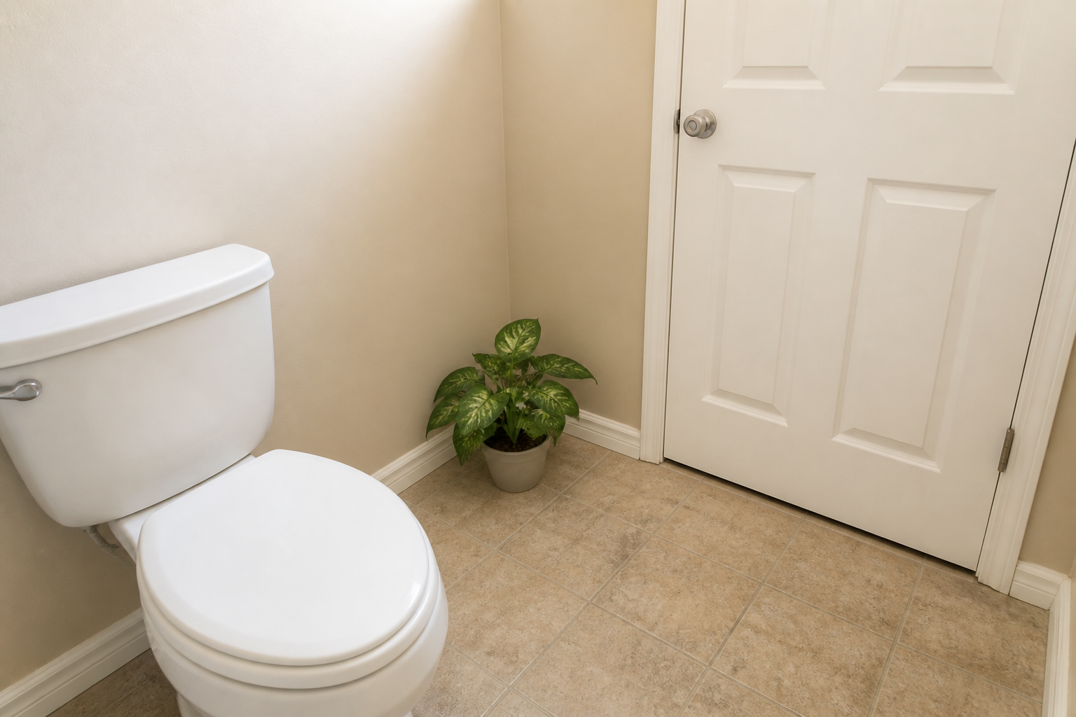Toilet lid closed, bathroom door closed, small pothos on the floor away from the tank
