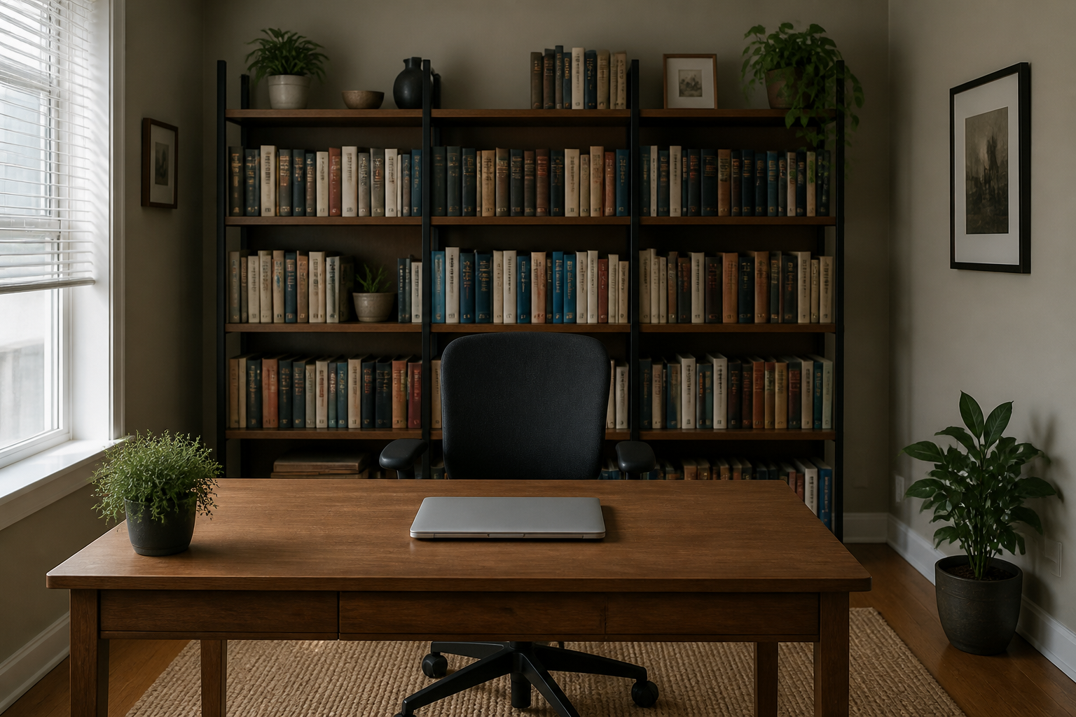 Tidy bookshelf wall behind an empty desk chair with a closed laptop facing into the room