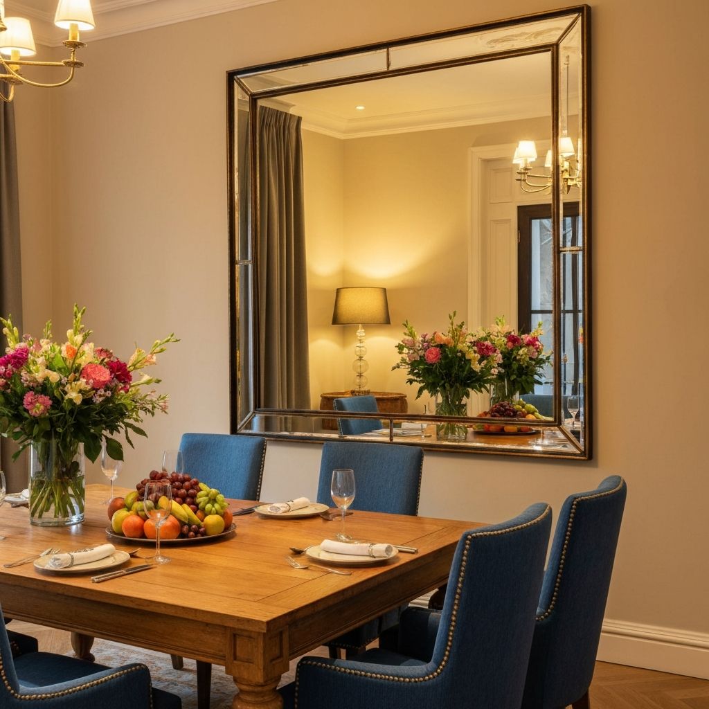 Elegant dining room with Feng Shui mirror placement reflecting the table and creating abundance