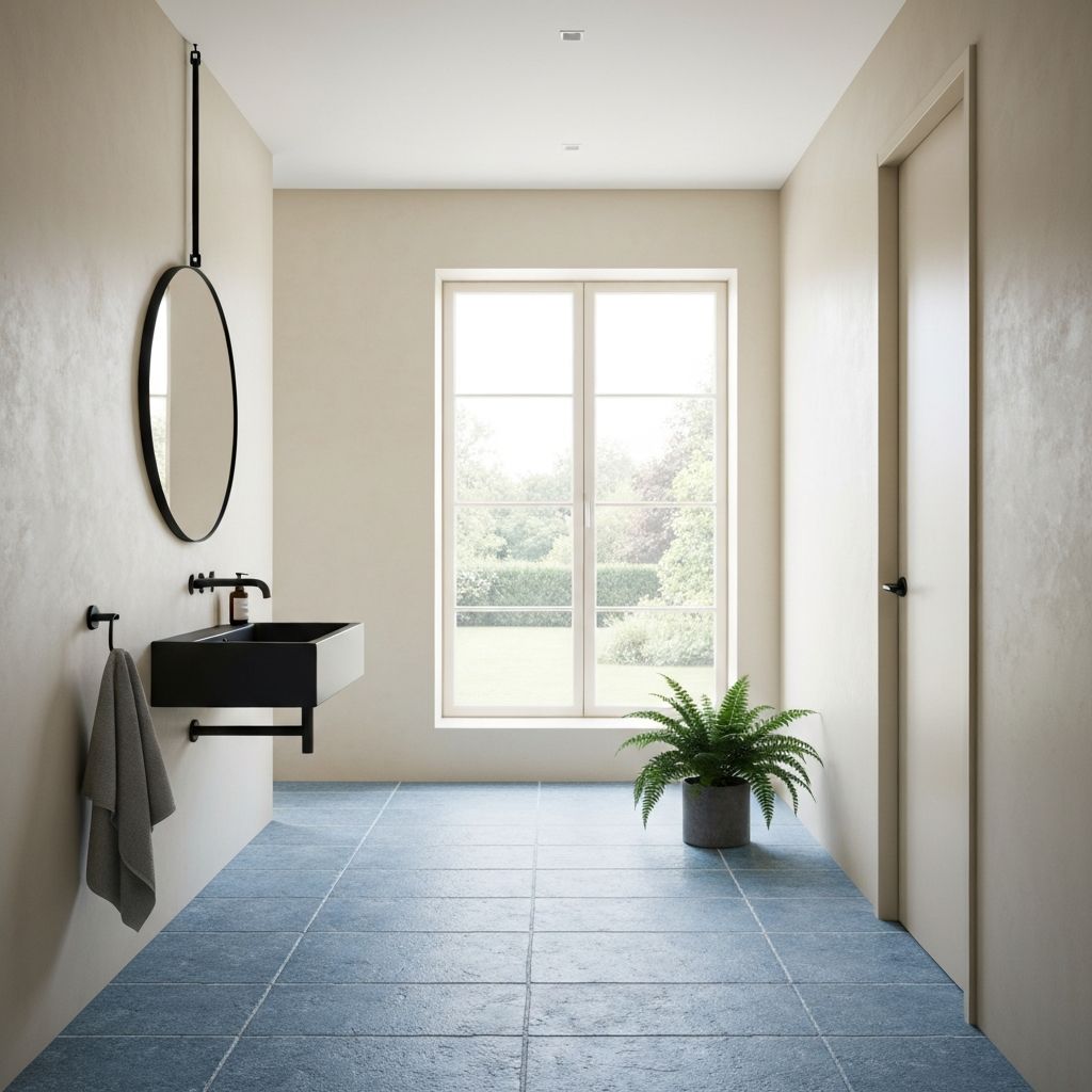Clean, organized Feng Shui bathroom with closed toilet lid, covered drains, and earth tone colors