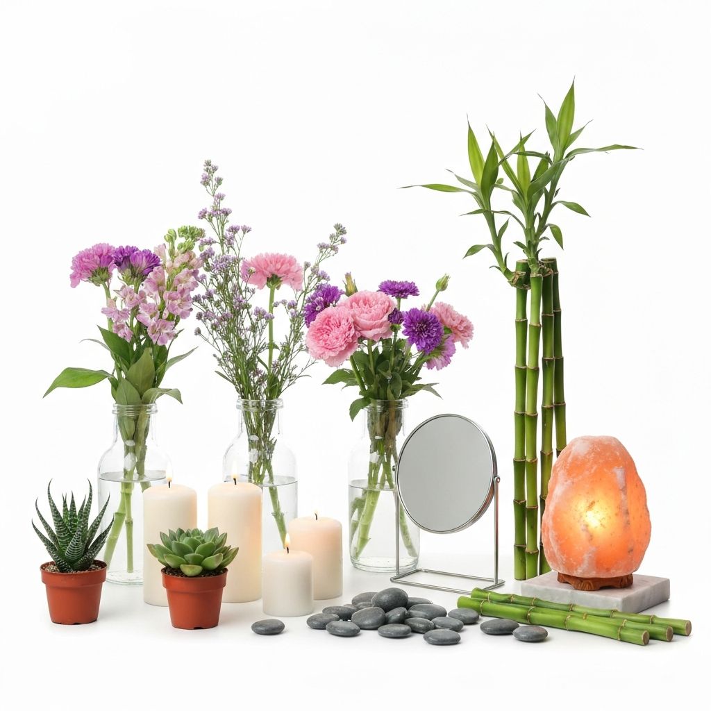 Affordable Feng Shui items including plants, candles, and natural elements
