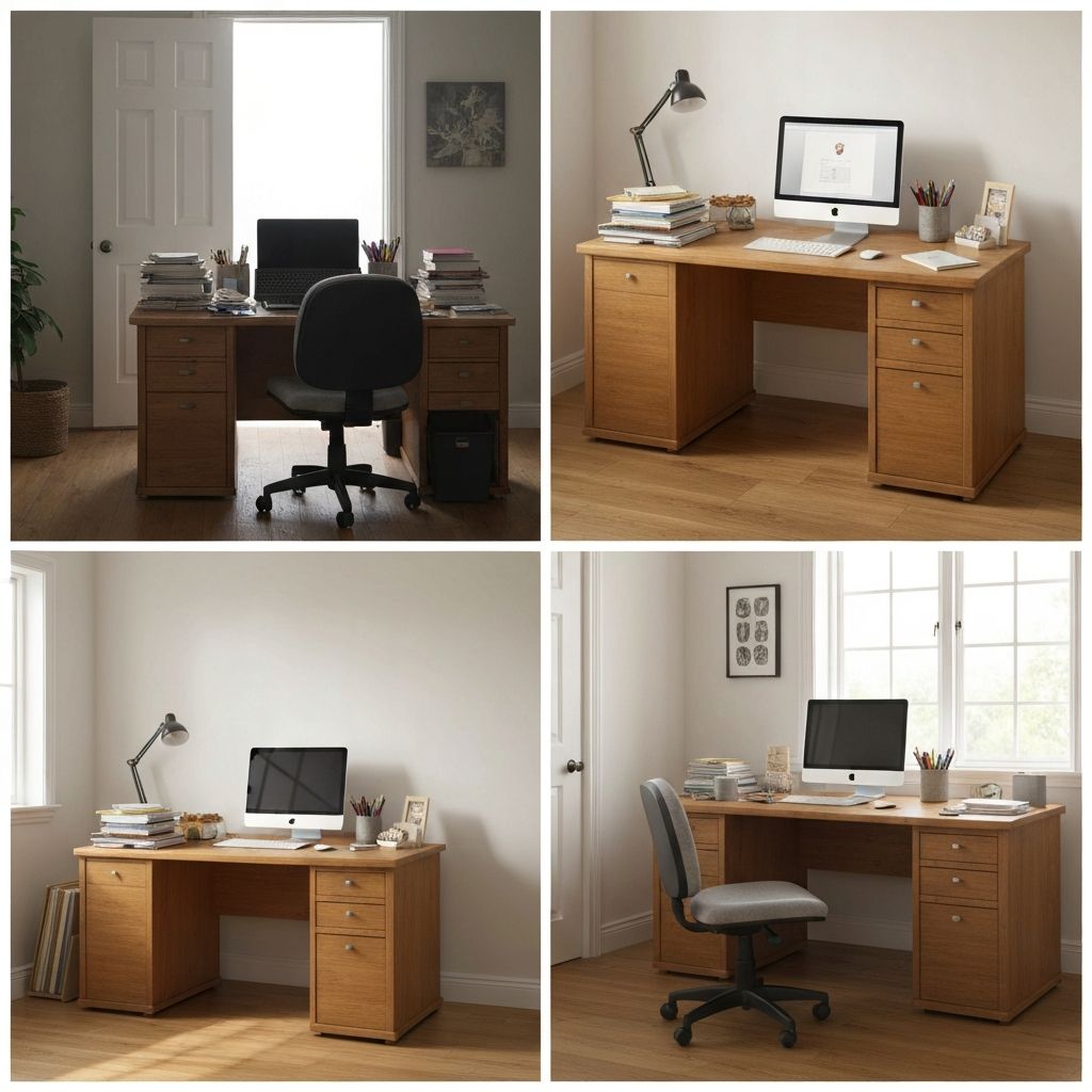 Feng Shui desk placement comparison showing correct and incorrect positions
