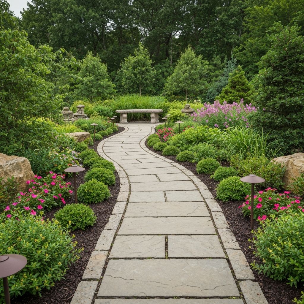 Feng Shui garden with curved stone pathway winding through lush plants