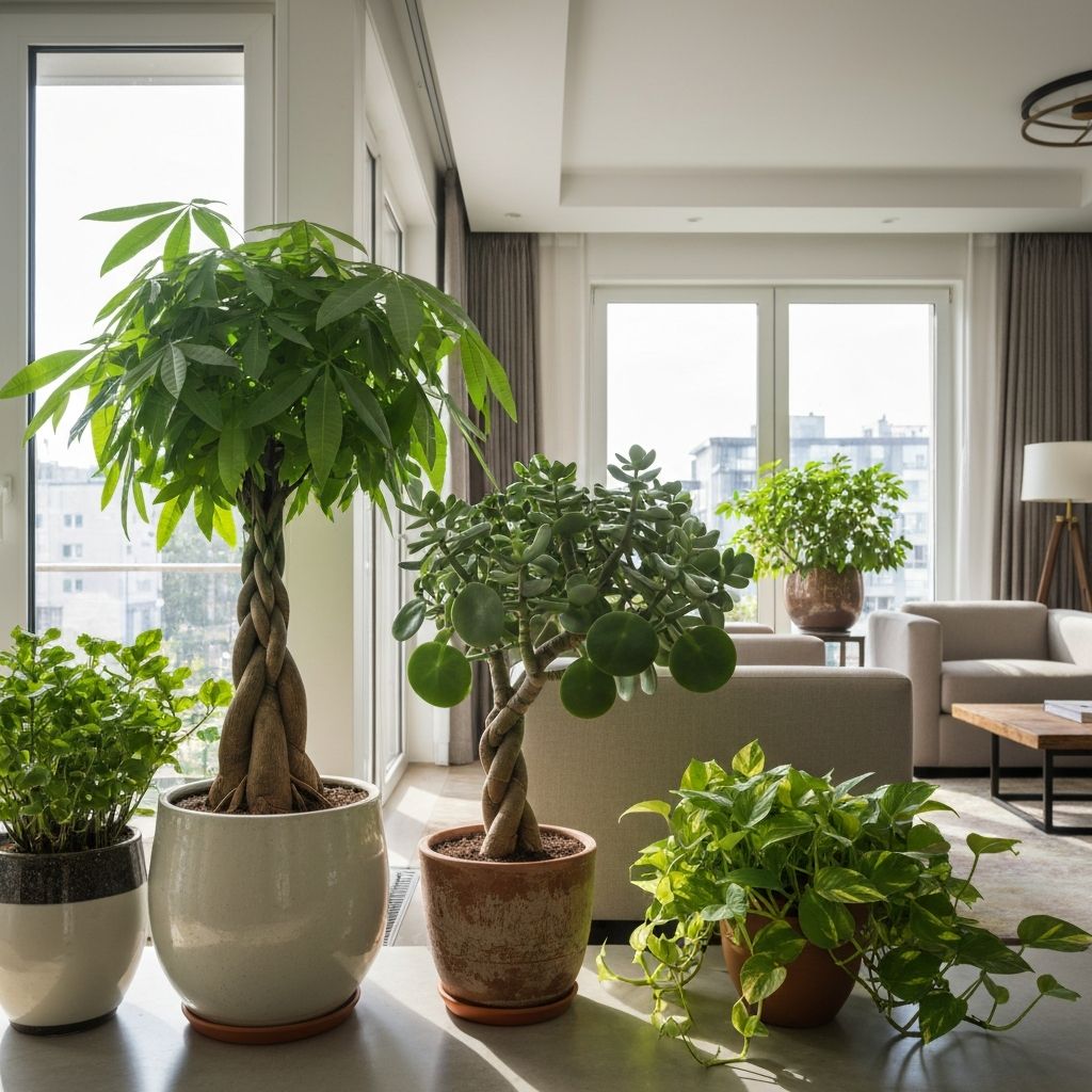 Collection of wealth-attracting Feng Shui plants including jade plant, Chinese money plant, and golden pothos