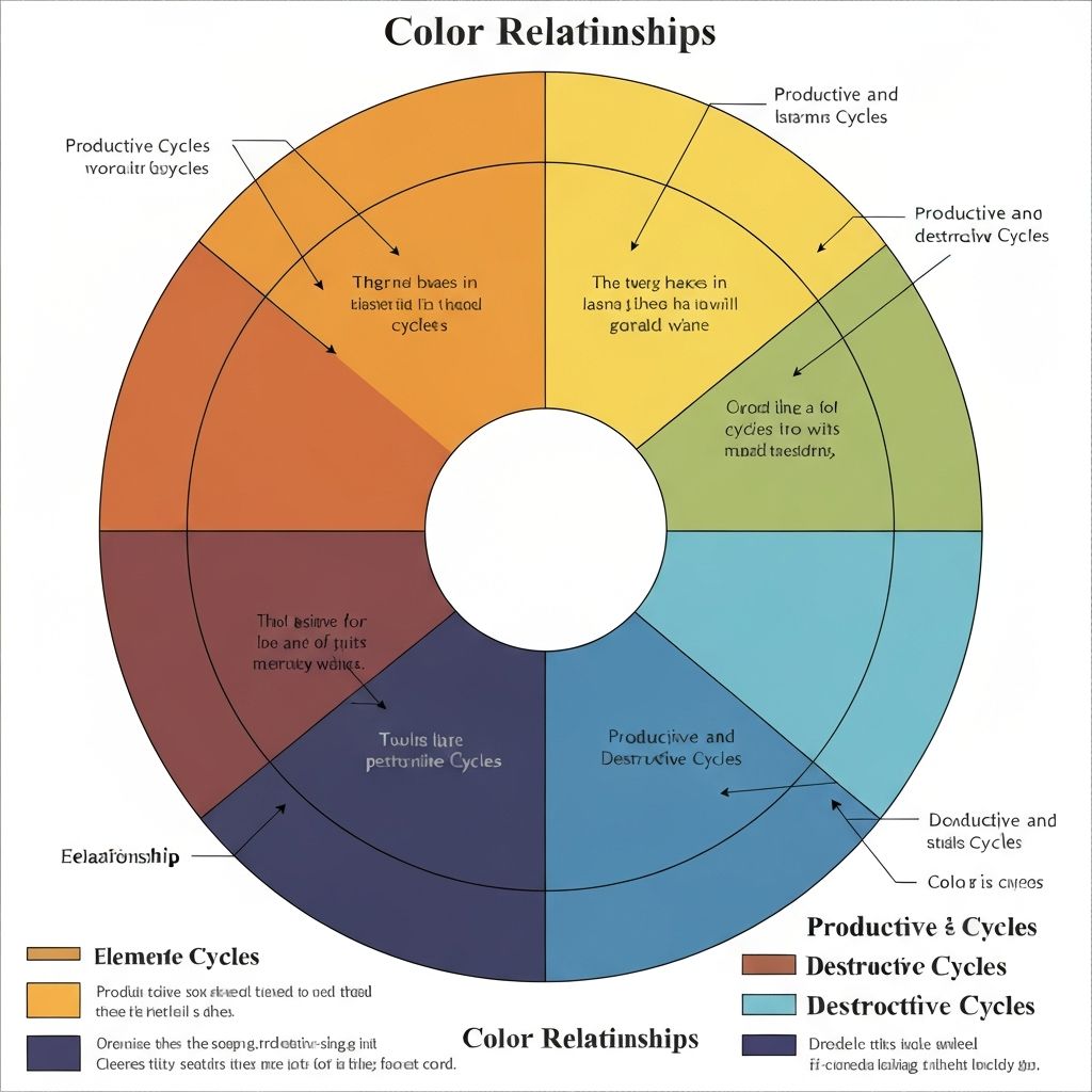 Five element color wheel showing productive and destructive cycles