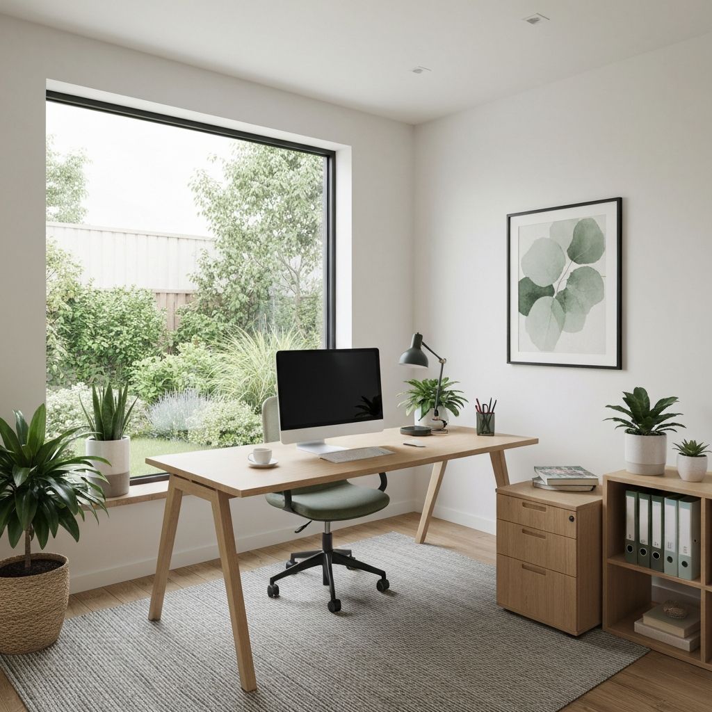 Home office with balanced color palette showing blue for focus, green plants for growth, and earth tones for stability