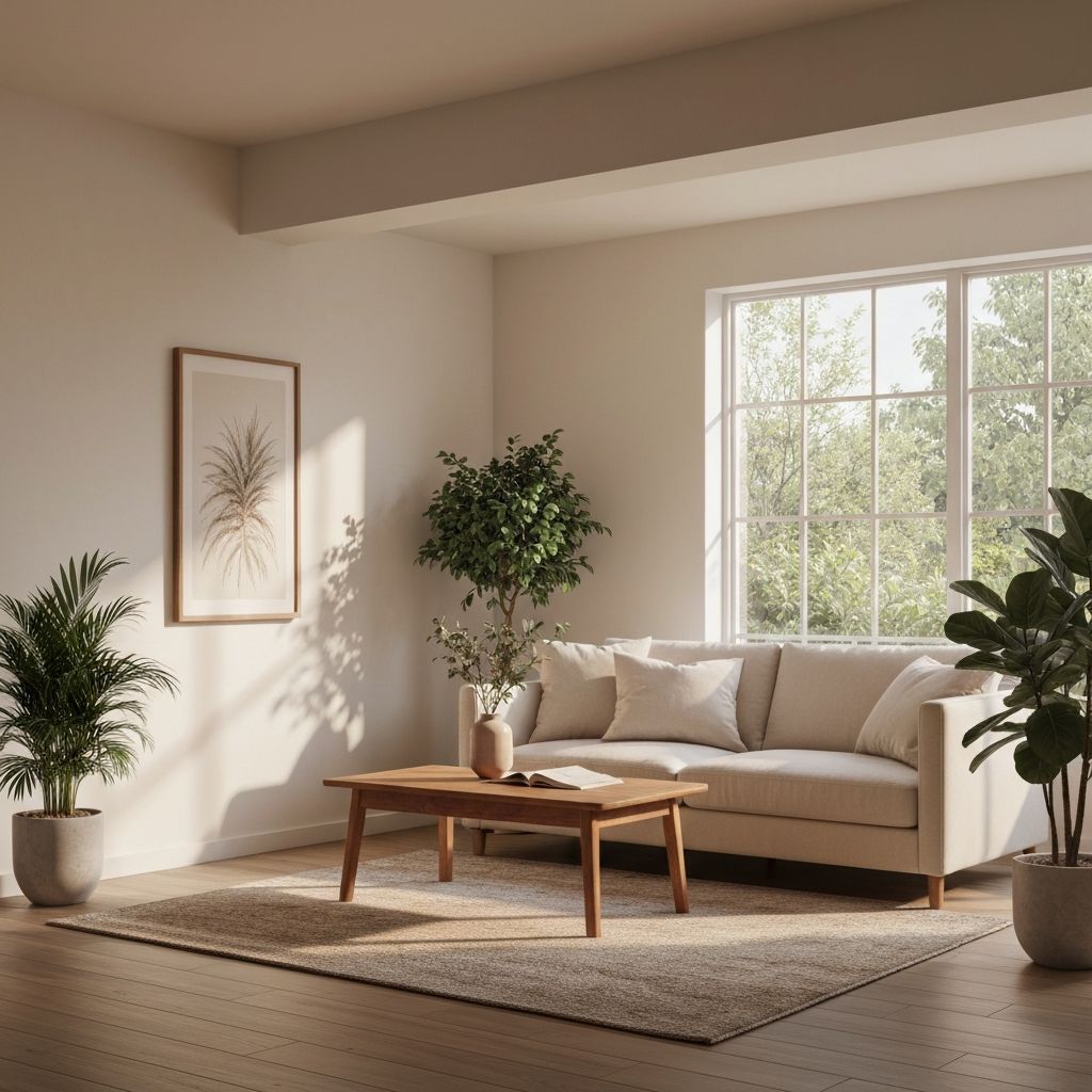 Living room with perfectly balanced color palette showing earth tones, natural elements, and harmonious accent colors