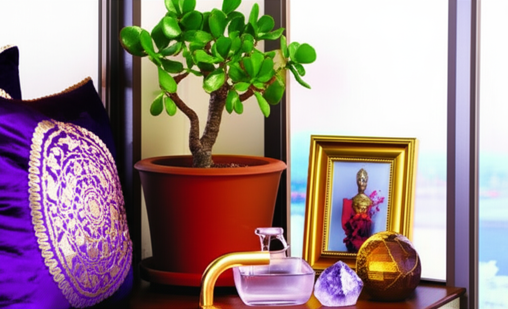 Beautifully arranged wealth corner with plants, water feature, and prosperity symbols demonstrating Feng Shui principles for financial abundance