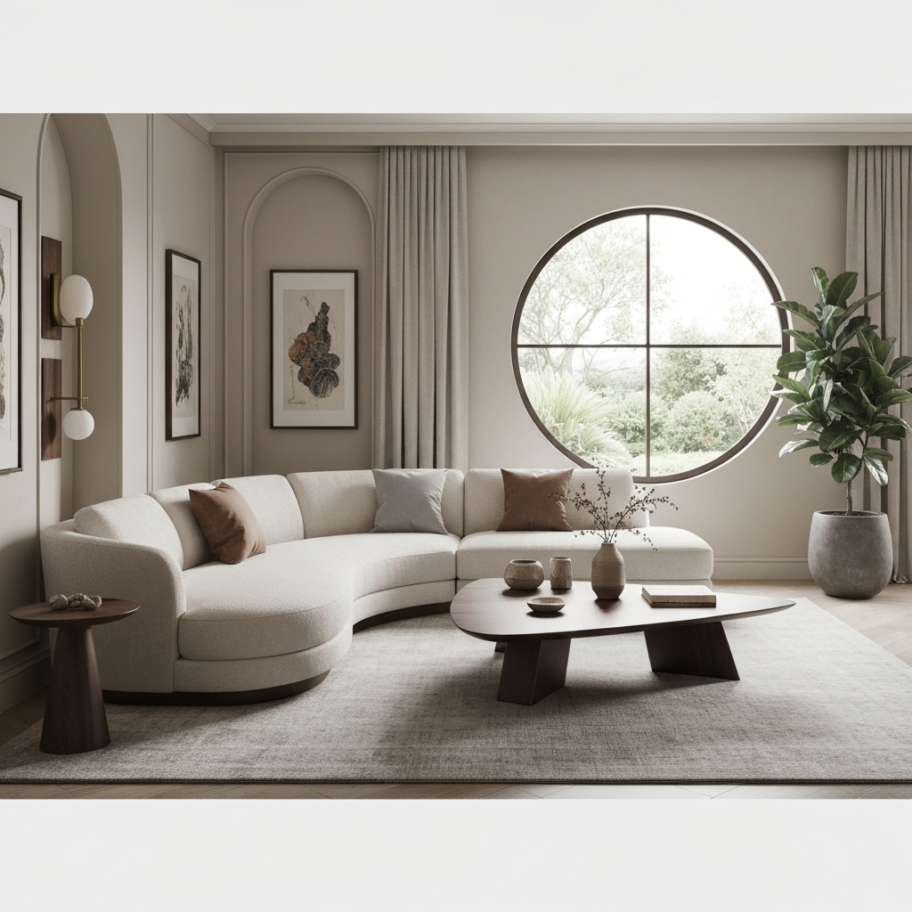 Modern living room showcasing perfect yin-yang balance with soft textures and structured elements, natural light and cozy corners